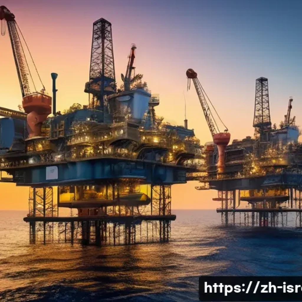 이스라엘의 에너지 자원과 개발 - A highly detailed underwater scene showing advanced offshore natural gas drilling platforms at the L...