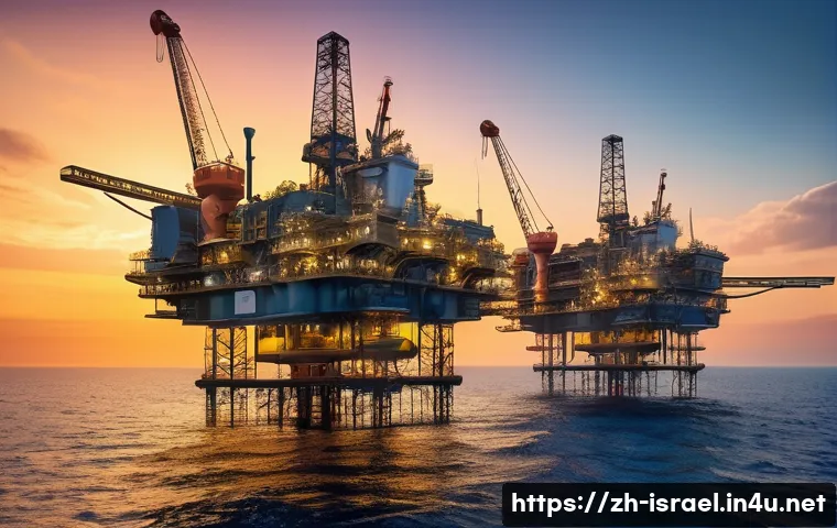 이스라엘의 에너지 자원과 개발 - A highly detailed underwater scene showing advanced offshore natural gas drilling platforms at the L...