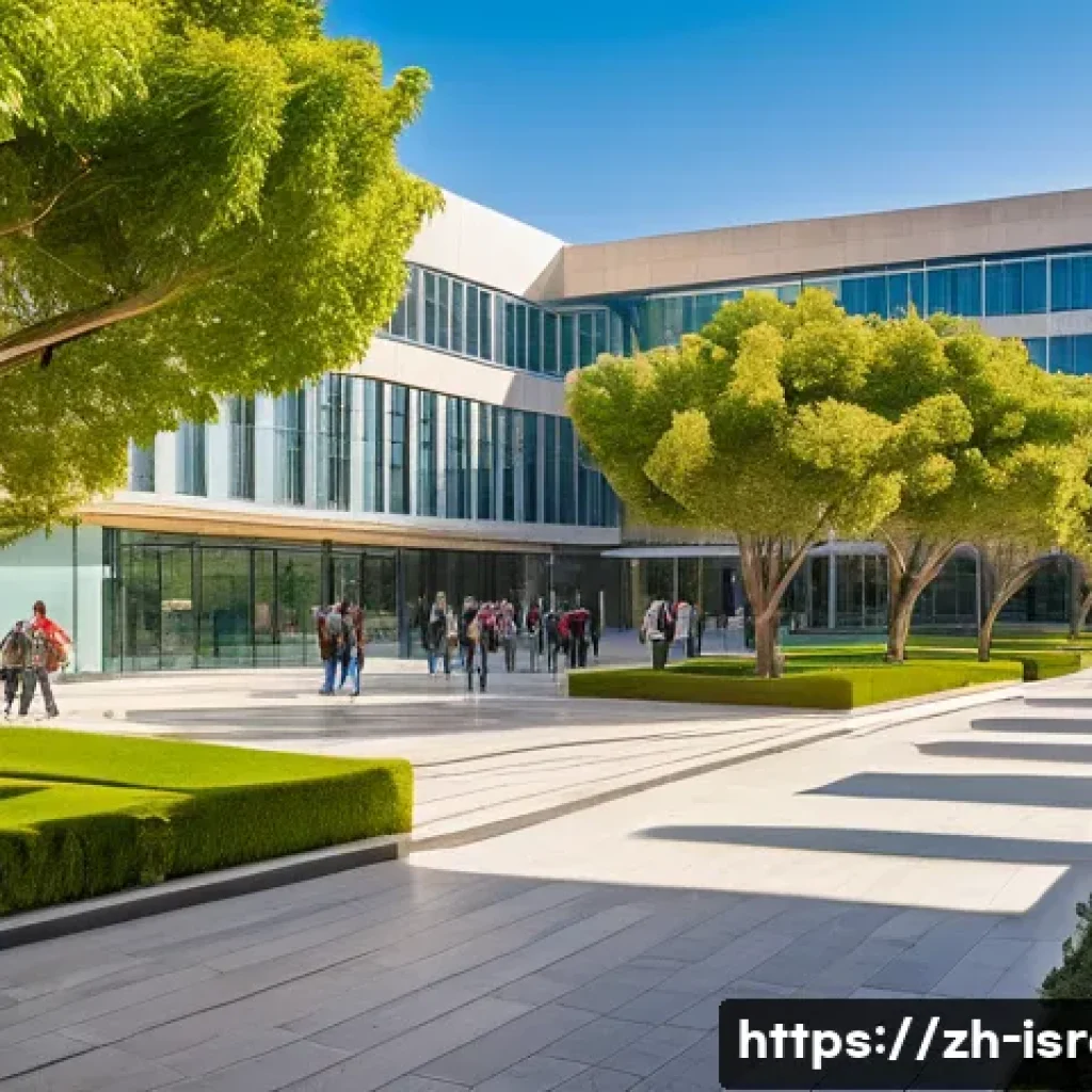 이스라엘의 주요 대학 순위와 학과 - A modern university campus in Israel blending sleek contemporary architecture with historic Middle E...