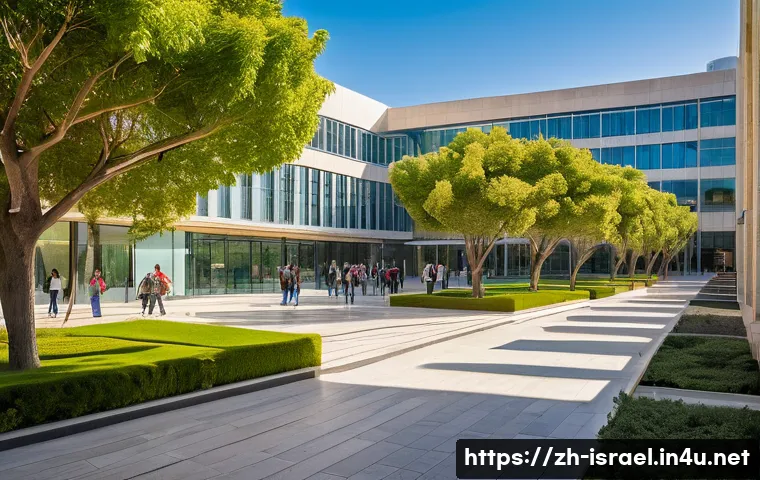 이스라엘의 주요 대학 순위와 학과 - A modern university campus in Israel blending sleek contemporary architecture with historic Middle E...