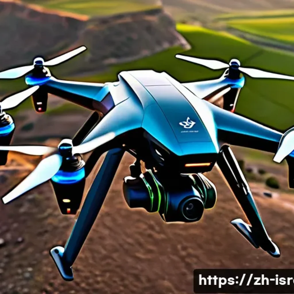 이스라엘의 항공우주 기술 - A futuristic Israeli multi-mission drone flying over rugged mountainous terrain at sunset, showcasin...