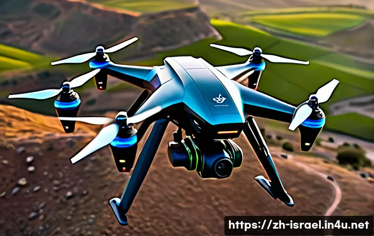 이스라엘의 항공우주 기술 - A futuristic Israeli multi-mission drone flying over rugged mountainous terrain at sunset, showcasin...