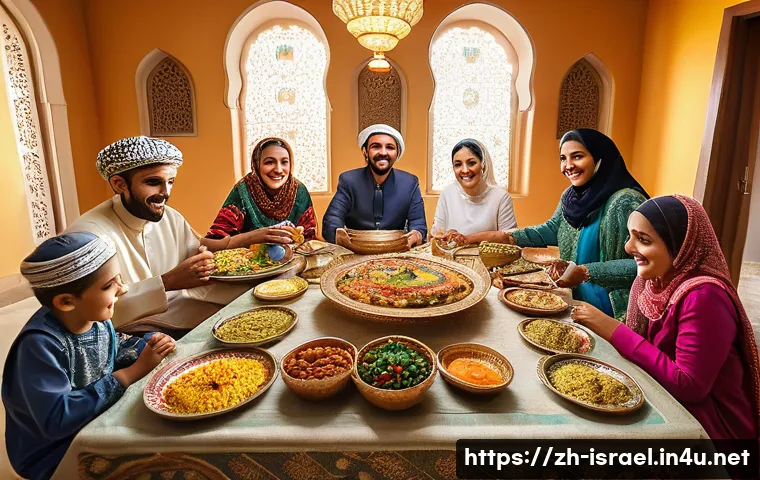 이스라엘의 아랍인 공동체 - A vibrant traditional Arab family gathering in a spacious home setting, featuring multiple generatio...