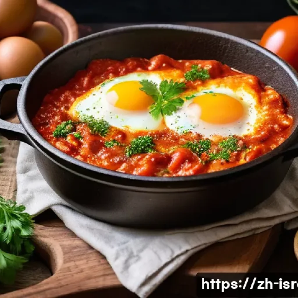 이스라엘의 주요 요리법과 조리 도구 - A vibrant Israeli kitchen scene featuring a traditional copper pot simmering shakshuka made with ric...