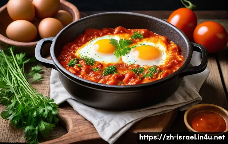 이스라엘의 주요 요리법과 조리 도구 - A vibrant Israeli kitchen scene featuring a traditional copper pot simmering shakshuka made with ric...