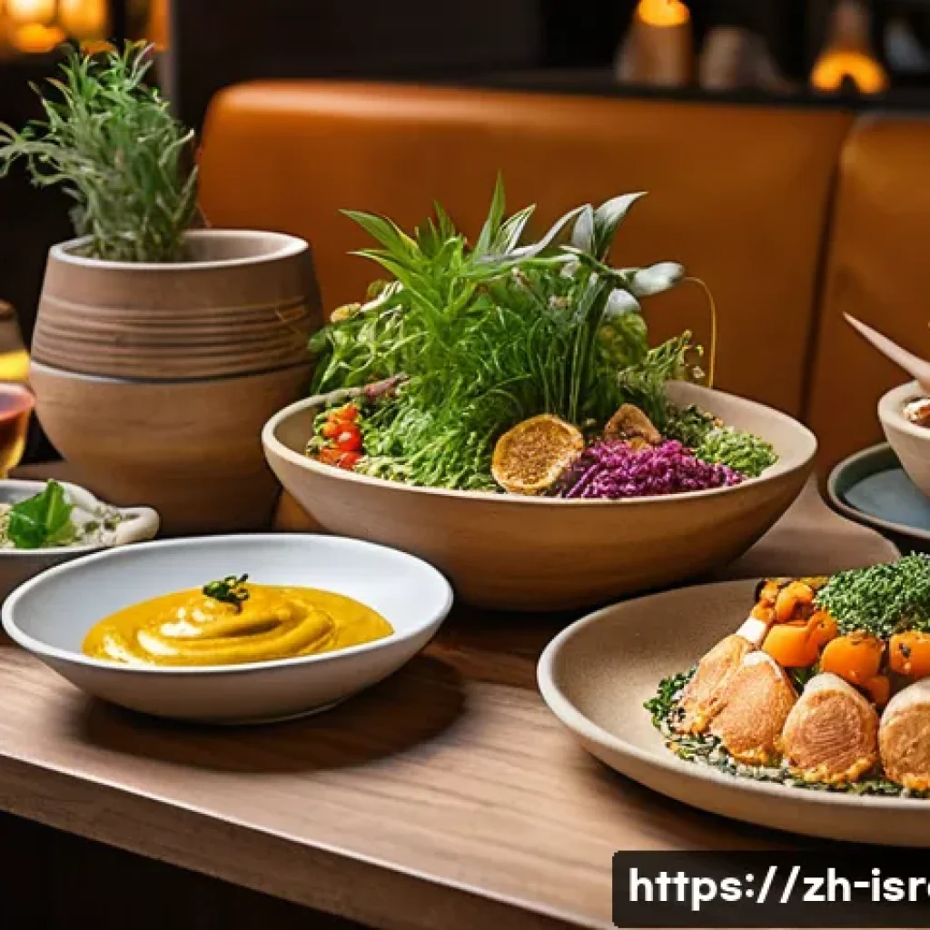 이스라엘의 지역별 요리 특색 - A vibrant modern restaurant scene in Tel Aviv featuring a creative fusion dish: a beautifully plated...