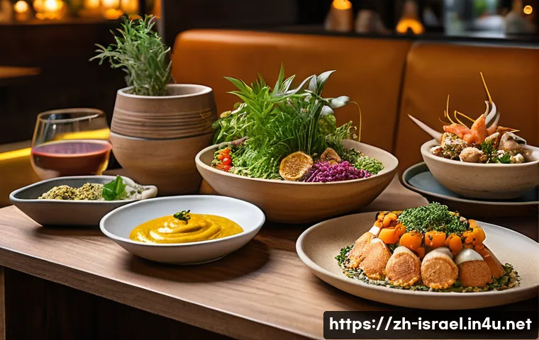 이스라엘의 지역별 요리 특색 - A vibrant modern restaurant scene in Tel Aviv featuring a creative fusion dish: a beautifully plated...