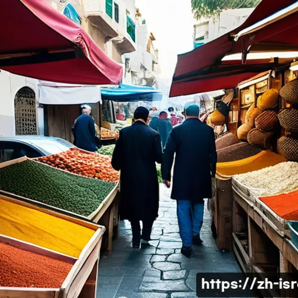 이스라엘 전통 시장과 현대적 쇼핑몰 비교 - A vibrant traditional Israeli market scene filled with colorful spice piles, fresh fruits, and veget...
