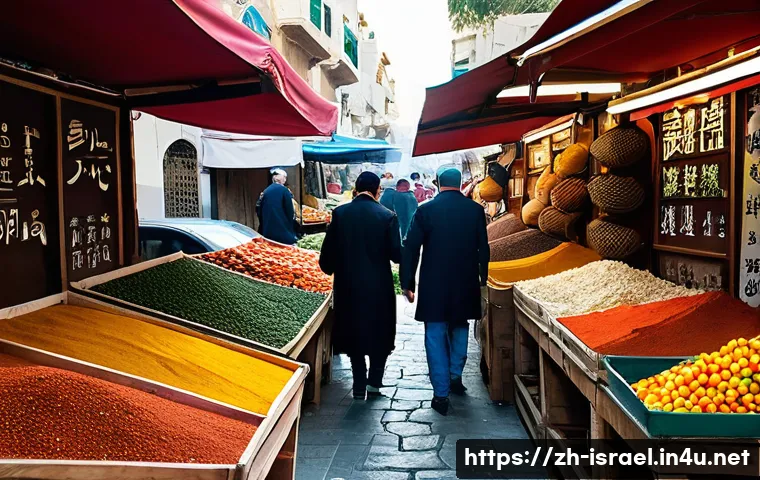 이스라엘 전통 시장과 현대적 쇼핑몰 비교 - A vibrant traditional Israeli market scene filled with colorful spice piles, fresh fruits, and veget...
