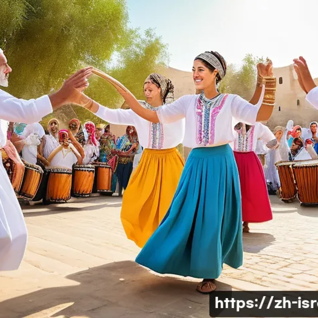 이스라엘 전통 무용의 역사와 형태 - A vibrant scene of Israeli traditional Hora dance at a festive outdoor celebration, featuring divers...
