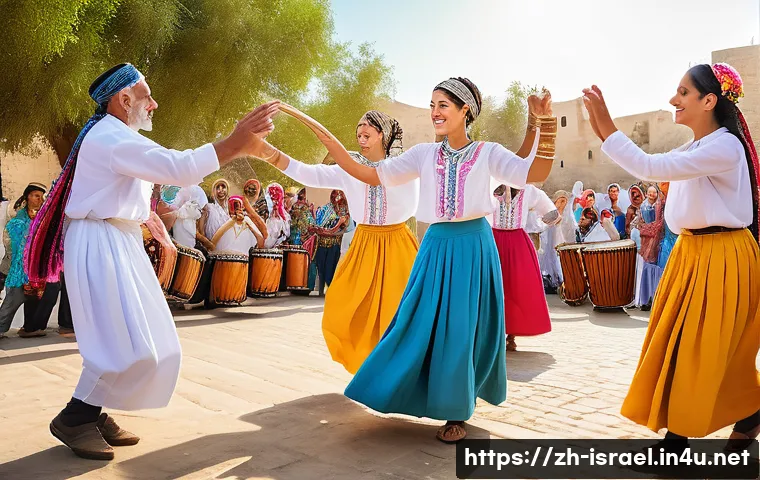 이스라엘 전통 무용의 역사와 형태 - A vibrant scene of Israeli traditional Hora dance at a festive outdoor celebration, featuring divers...