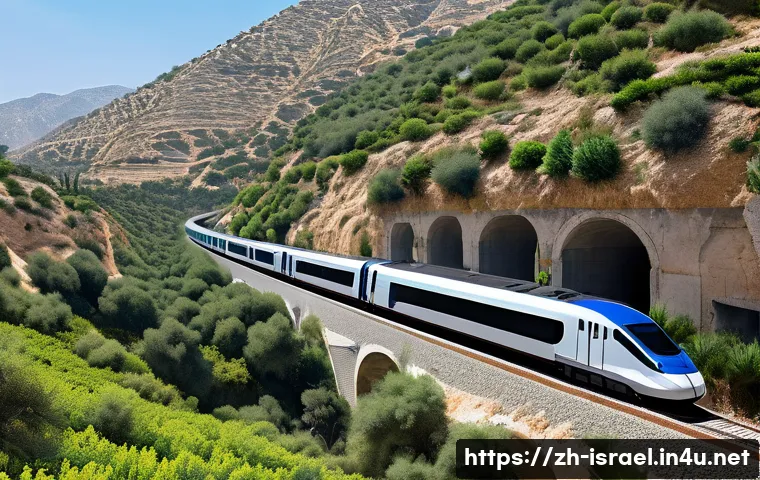 이스라엘의 초고속 열차  텔아비브 예루살렘 - A high-speed train traveling through diverse Israeli terrain featuring steep hills and deep valleys,...