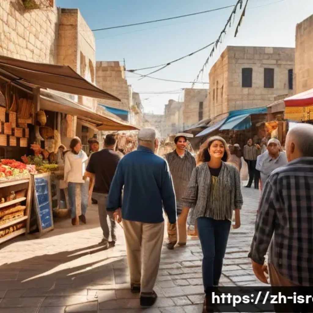 이스라엘에서 가장 많이 쓰이는 표현 - A vibrant street scene in Israel featuring diverse people exchanging warm greetings in a bustling ur...