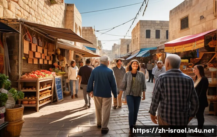 이스라엘에서 가장 많이 쓰이는 표현 - A vibrant street scene in Israel featuring diverse people exchanging warm greetings in a bustling ur...