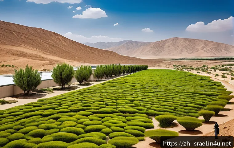 이스라엘의 생태 관광 산업 - A vibrant desert oasis in Israel showcasing a lush green landscape amidst arid surroundings, featuri...