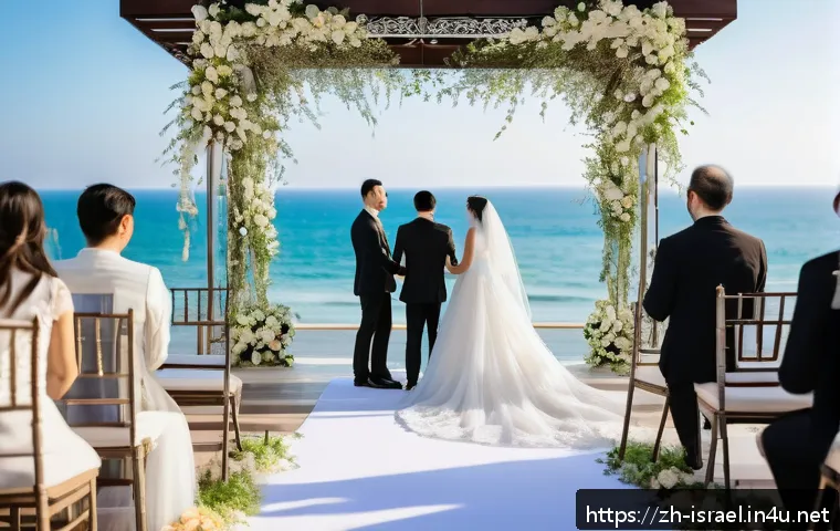 이스라엘 전통 결혼식과 현대화의 결합 - A vibrant Israeli wedding scene under a beautifully decorated Chuppah with four ornate pillars suppo...