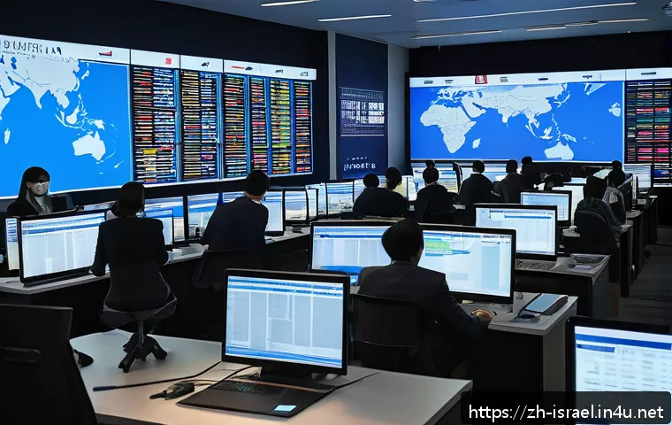 이스라엘 주요 신문 기사 읽는 법 - A modern newsroom interior focused on a large digital screen displaying Hebrew and simplified Chines...