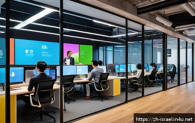 이스라엘 주요 워킹 투어 프로그램 - A vibrant scene inside a high-tech startup office in Tel Aviv, showcasing diverse young professional...