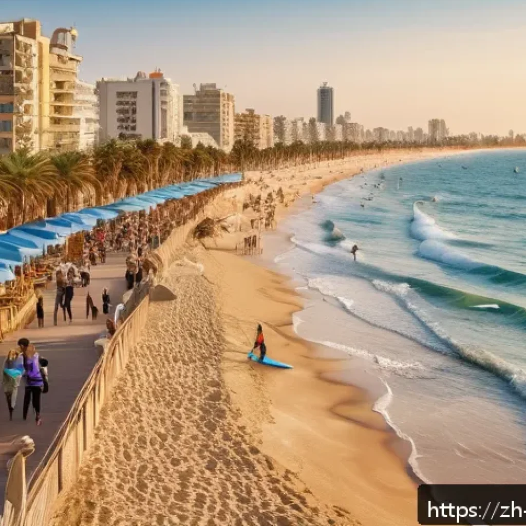 이스라엘의 주요 해안선 - A vibrant Mediterranean beach scene in Tel Aviv during summer, featuring sunlit clear blue skies and...