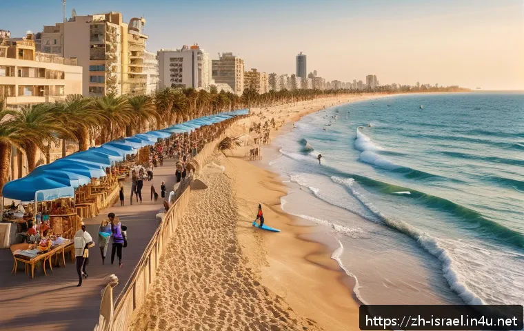 이스라엘의 주요 해안선 - A vibrant Mediterranean beach scene in Tel Aviv during summer, featuring sunlit clear blue skies and...