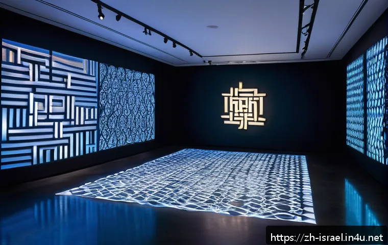 이스라엘에서 열리는 주요 문화 예술 행사 - A contemporary art installation blending traditional Jewish symbols with modern light and shadow tec...