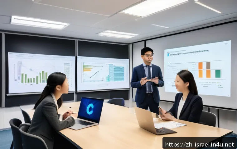 이스라엘의 비즈니스 영어 교육 - A modern classroom scene in Israel featuring a diverse group of adult students engaged in a business...