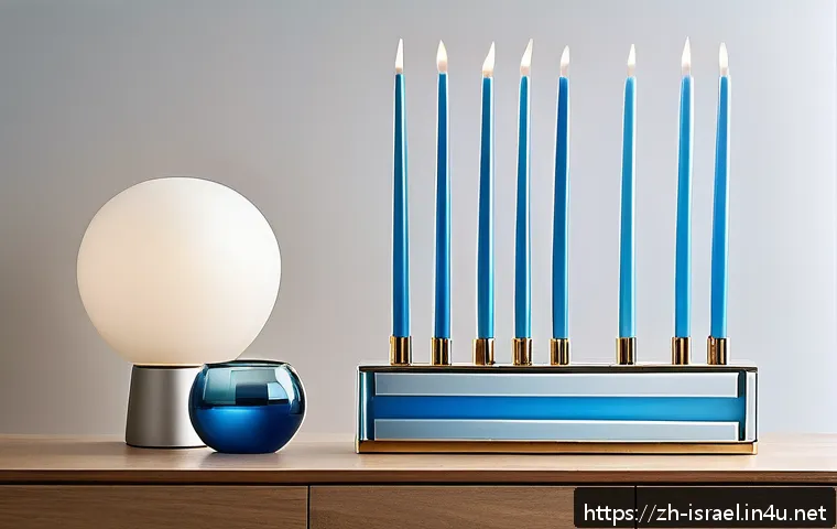 이스라엘의 세계적인 공예품 - A modern minimalist Menorah lamp designed with sleek lines and smooth metallic surfaces, blending an...