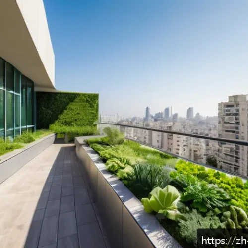 이스라엘 건축 디자인 트렌드 - A modern urban rooftop garden in Tel Aviv featuring lush vertical green walls and diverse green plan...