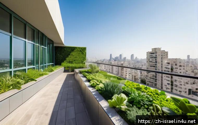 이스라엘 건축 디자인 트렌드 - A modern urban rooftop garden in Tel Aviv featuring lush vertical green walls and diverse green plan...