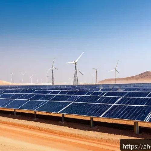 이스라엘과 중동의 에너지 협력 - A futuristic solar power plant in the Middle East under a bright, clear blue sky, featuring expansiv...