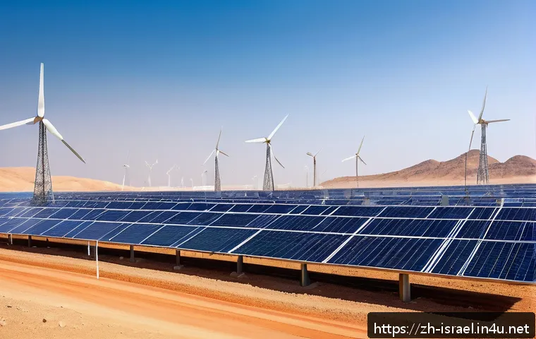 이스라엘과 중동의 에너지 협력 - A futuristic solar power plant in the Middle East under a bright, clear blue sky, featuring expansiv...