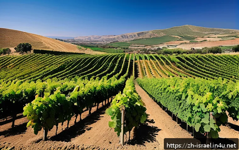 이스라엘의 세계적 와인 시장 점유율 - A panoramic view of a lush vineyard in the Golan Heights region of Israel during late summer, showca...