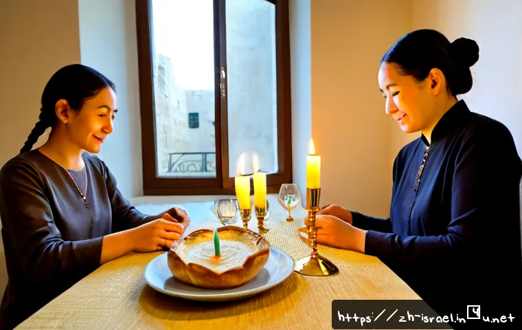 이스라엘의 유대교 예식 - Photorealistic Israeli Jewish family welcoming Shabbat in a warm Jerusalem apartment, grandmother an...