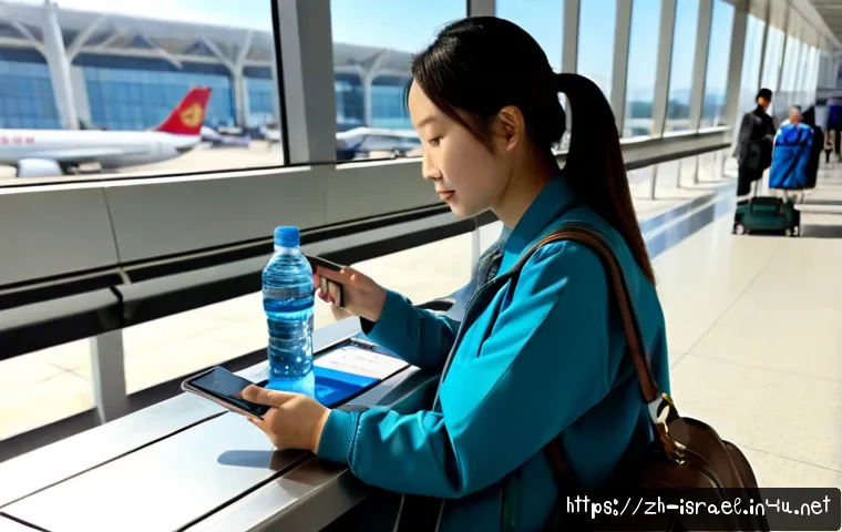 이스라엘 방문 전 여행자 주의사항 - Photorealistic airport travel-preparedness scene, an adult traveler seated at a clean departure loun...